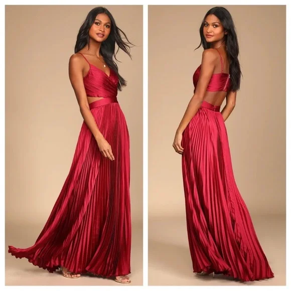 Lulus Got the Glam Wine Red Pleated Cutout Maxi Dress